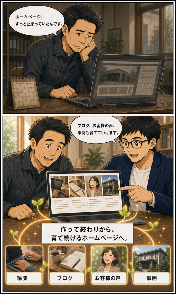 止まっていたホームページにブログ、お客様の声、事例を増やして育てる様子を描いた漫画