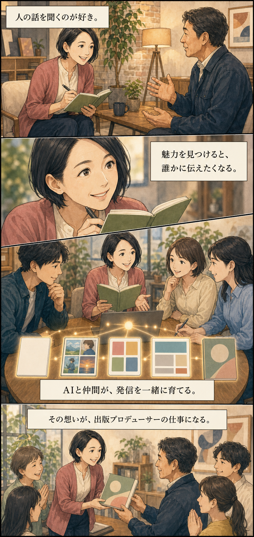 人の話を聞くのが好きという想いが、AIと仲間に支えられ出版プロデューサーの仕事へ育つ4コマ漫画