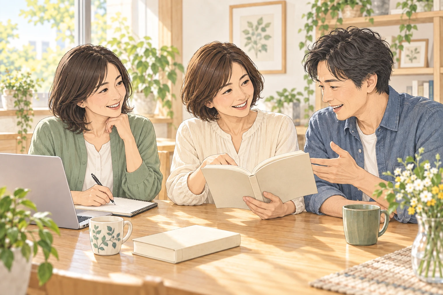 本とノートを囲み、気軽に学び合う大人たちのイラスト