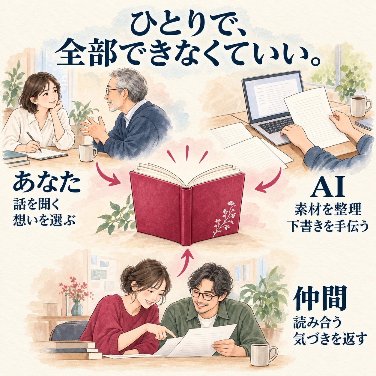 聞くあなた、整理を助けるAI、読み合う仲間が、一冊を支える図解