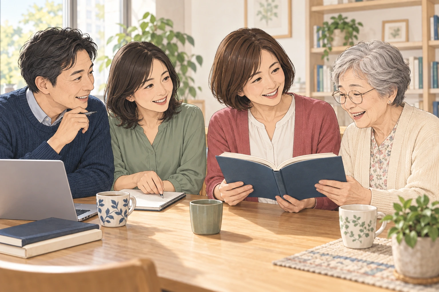 一冊の本を囲んで、話を聞き合う家族と学びの仲間