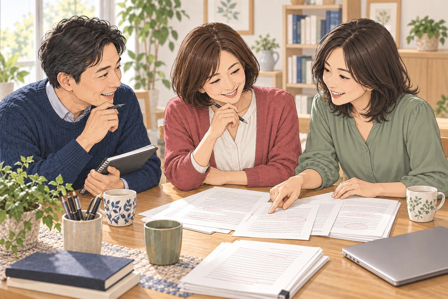 原稿を見ながら相談し合う学びの仲間