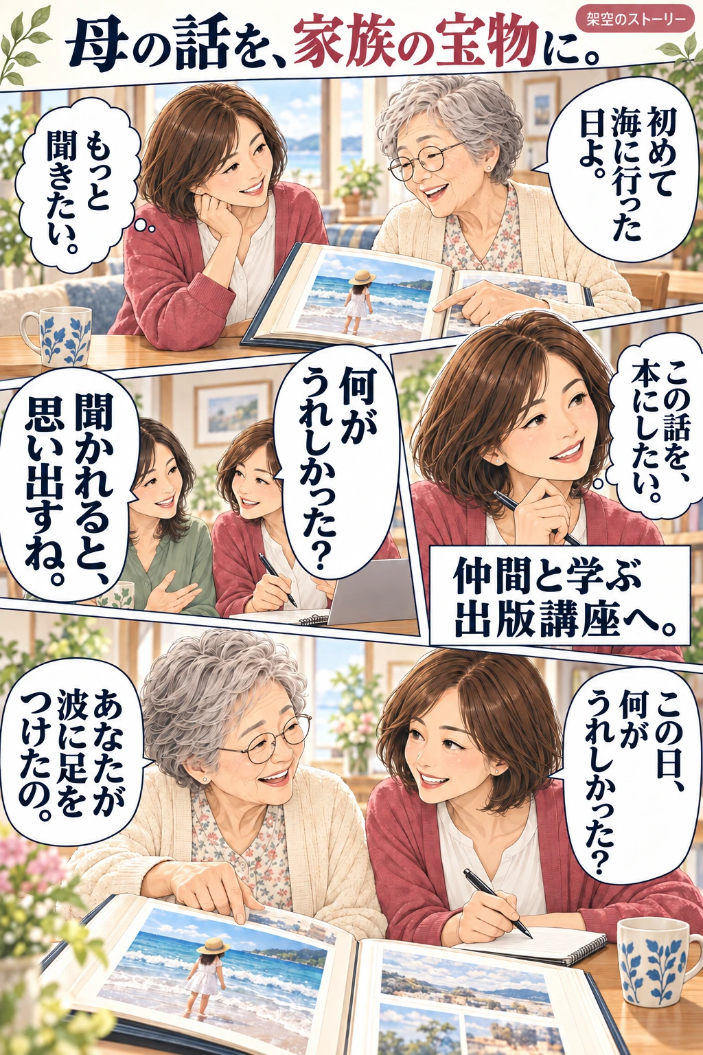 架空の物語の前編。母の写真をきっかけに講座で学び始め、仲間と質問を練習して母に話を聞く。