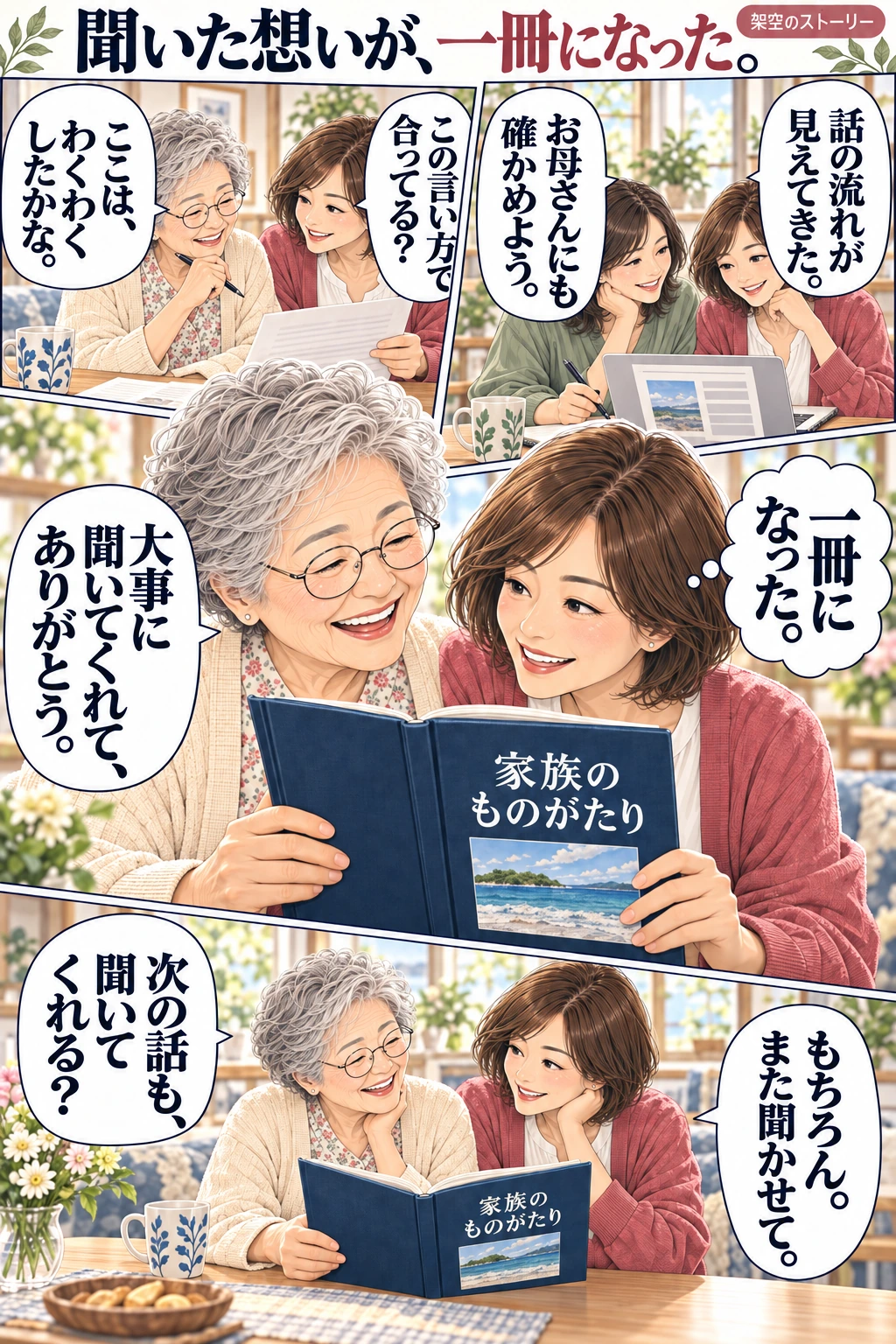 架空の物語の後編。AIと仲間で原稿を整理し、母の言葉を確かめ、一冊を渡して一緒に読む。