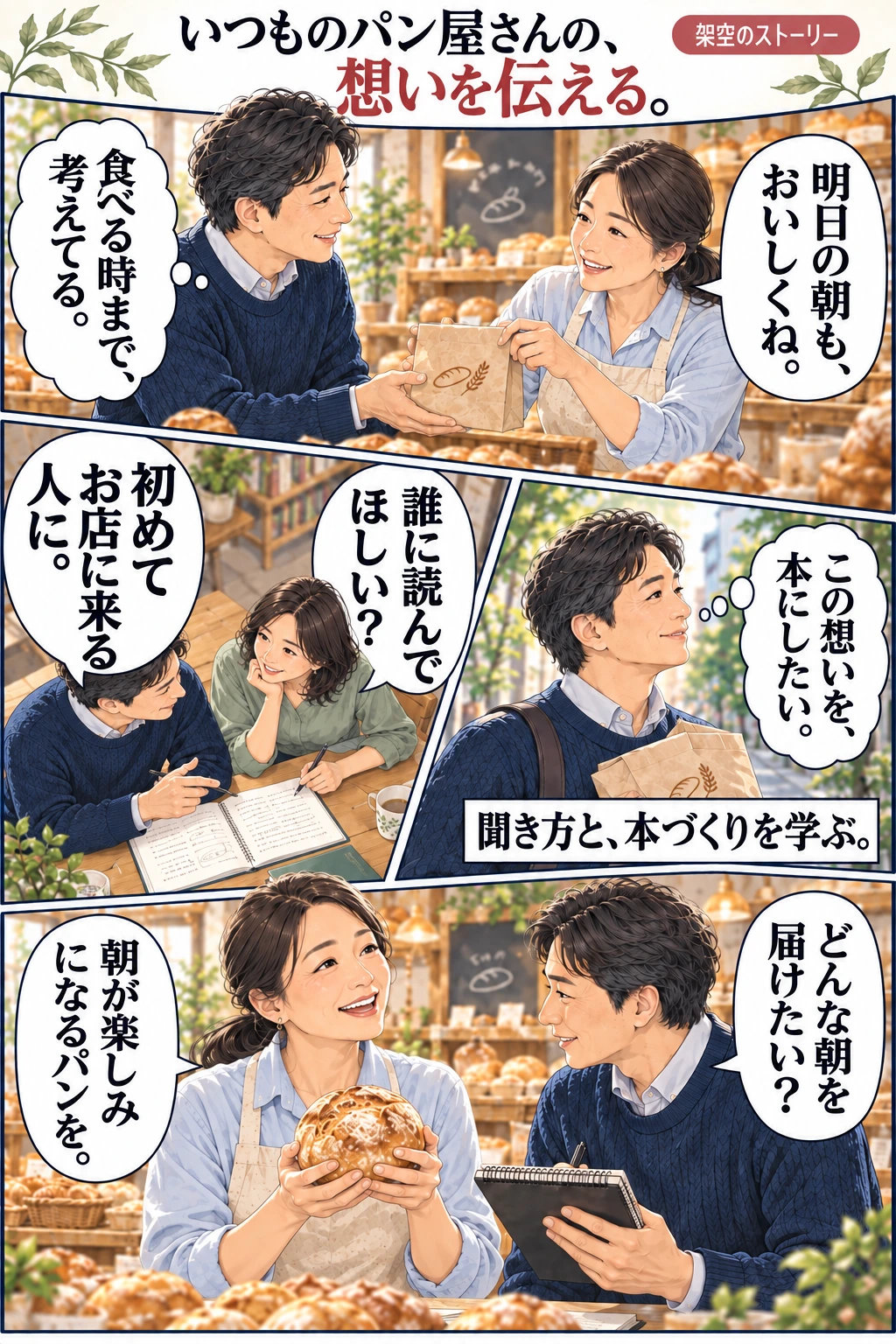 架空の物語の前編。パン店の心配りにひかれた人が講座で学び、店主が大切にしている想いを取材する。