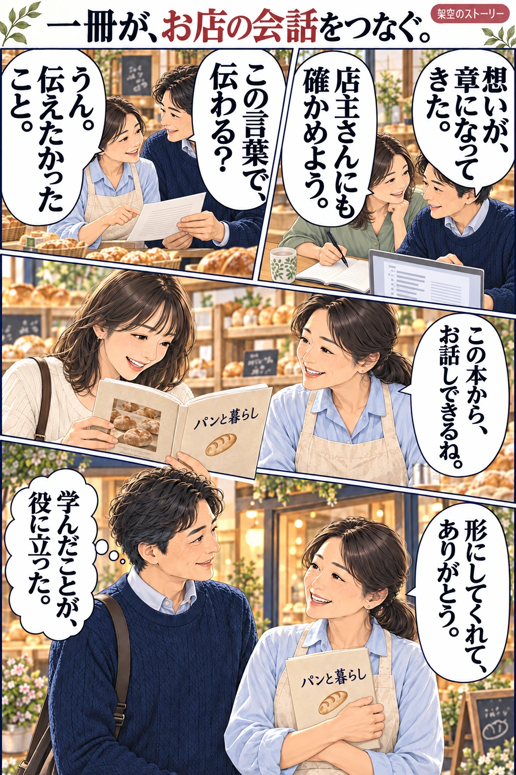 架空の物語の後編。AIと仲間で原稿を整理して店主と確認し、店の想いを伝える一冊を完成させる。